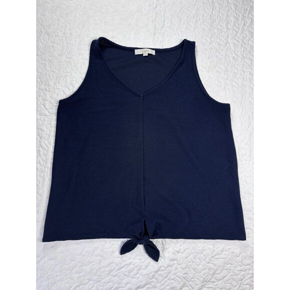 Loft Navy Blue Knit Ribbed Front Tie Vneck Tank Blouse size xl - Picture 1 of 5